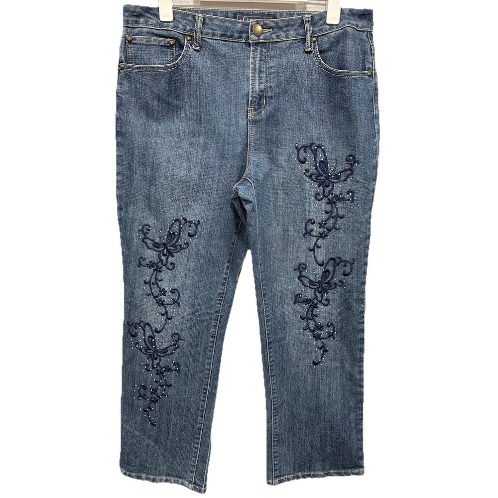Baccini Denim Jeans Women's Size 14P Embroidered Blue With Bling Rhinestone